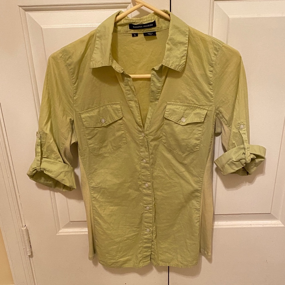 Green Cotton Open Collared Button Down Blouse - image 1